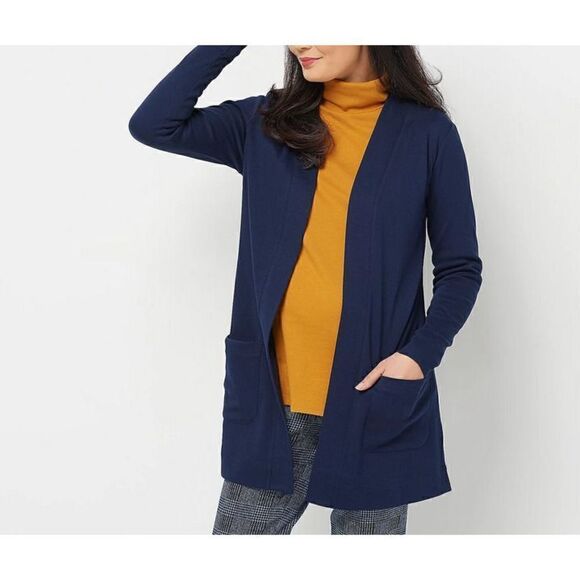B-939 Isaac Mizrahi Live! Essentials Open Front Knit Cardigan NAVY size XXS - Picture 1 of 1